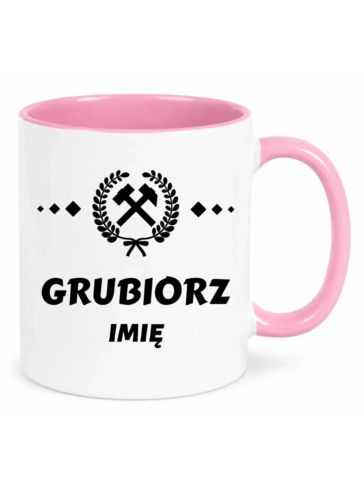 Biały z różowym środkiem kubek z imieniem dla górnika - Grubiorz