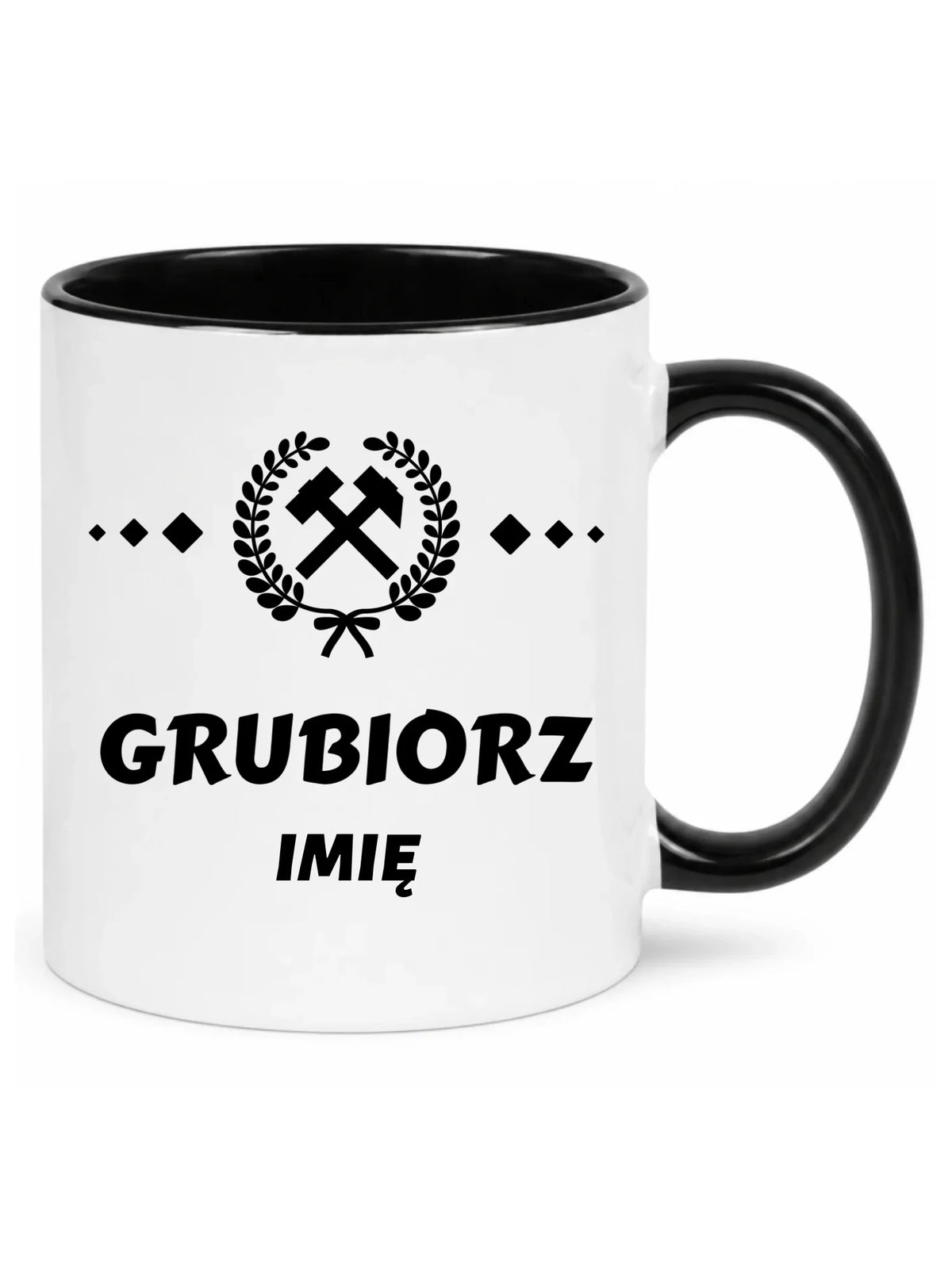 Biały z czarnym środkiem kubek z imieniem dla górnika - Grubiorz