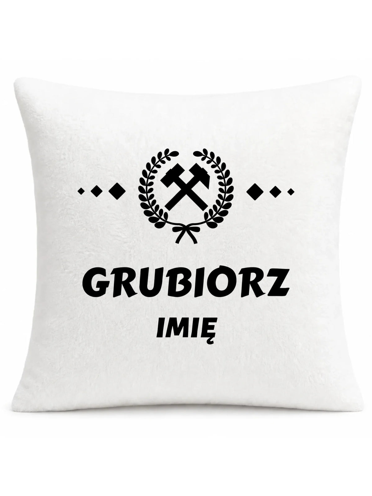Biała poduszka pluszowa z imieniem dla górnika - Grubiorz