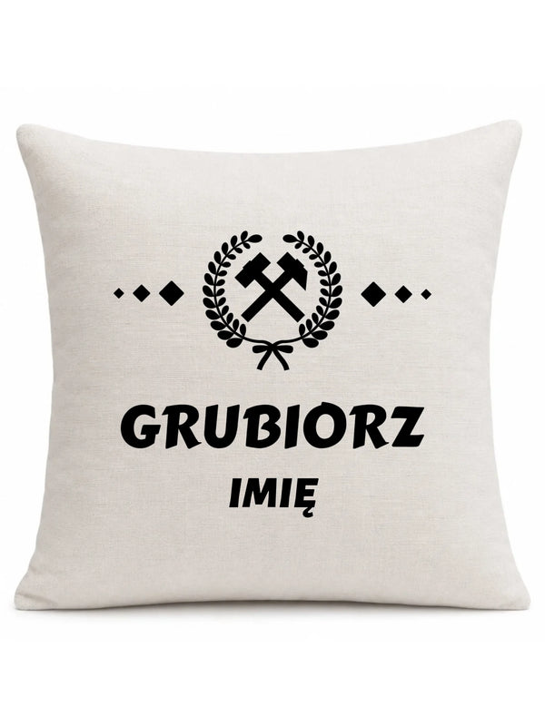 Kremowa poduszka lniana z imieniem dla górnika - Grubiorz