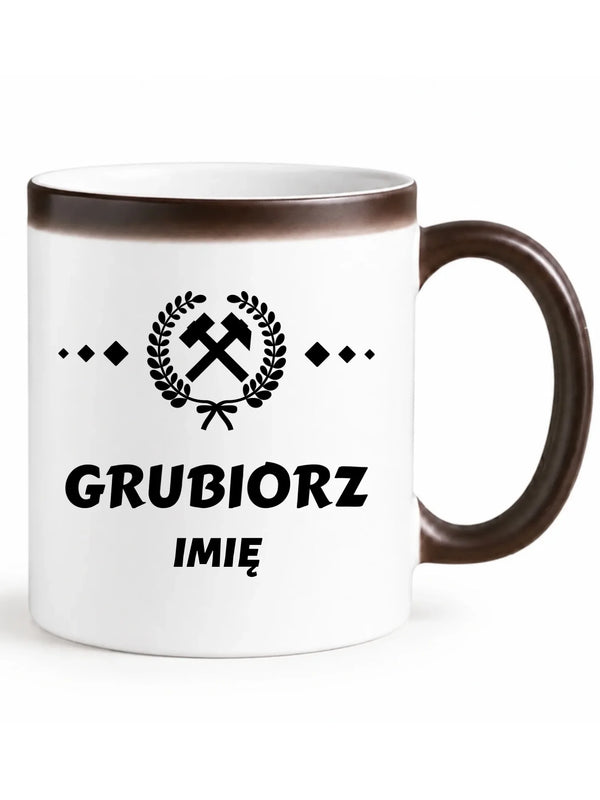 Zmieniający kolor kubek magiczny z imieniem dla górnika z ukrytym nadrukiem - Grubiorz