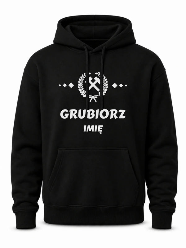 Czarna bluza męska z kapturem z imieniem dla górnika - Grubiorz