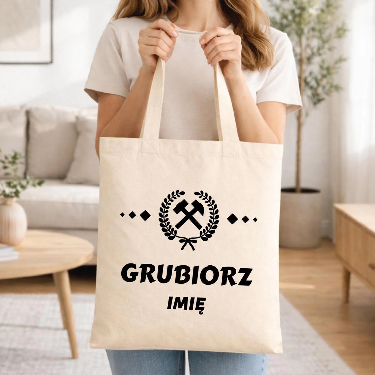 Prezent na Barbórkę naturalna torba z imieniem i nadrukiem - Grubiorz
