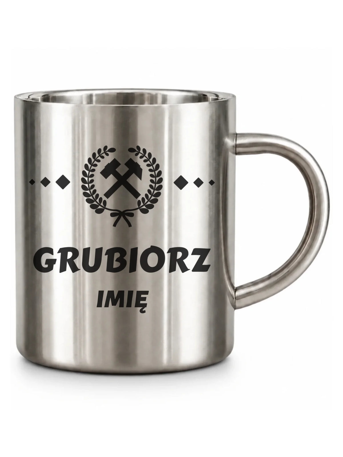 Srebrny metalowy kubek turystyczny z imieniem dla górnika - Grubiorz