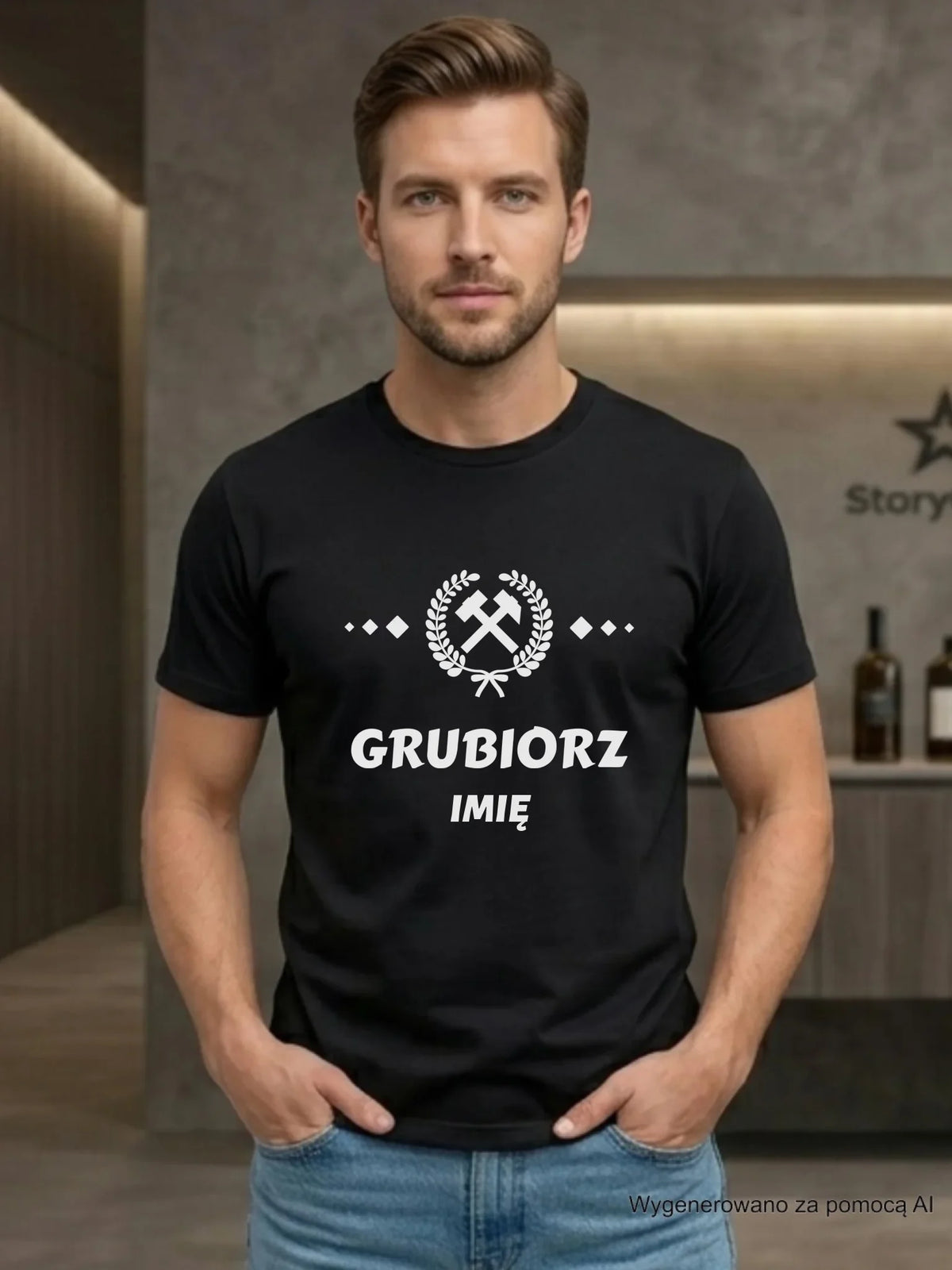 Zabawny prezent dla górnika czarna koszulka z imieniem i nadrukiem - Grubiorz