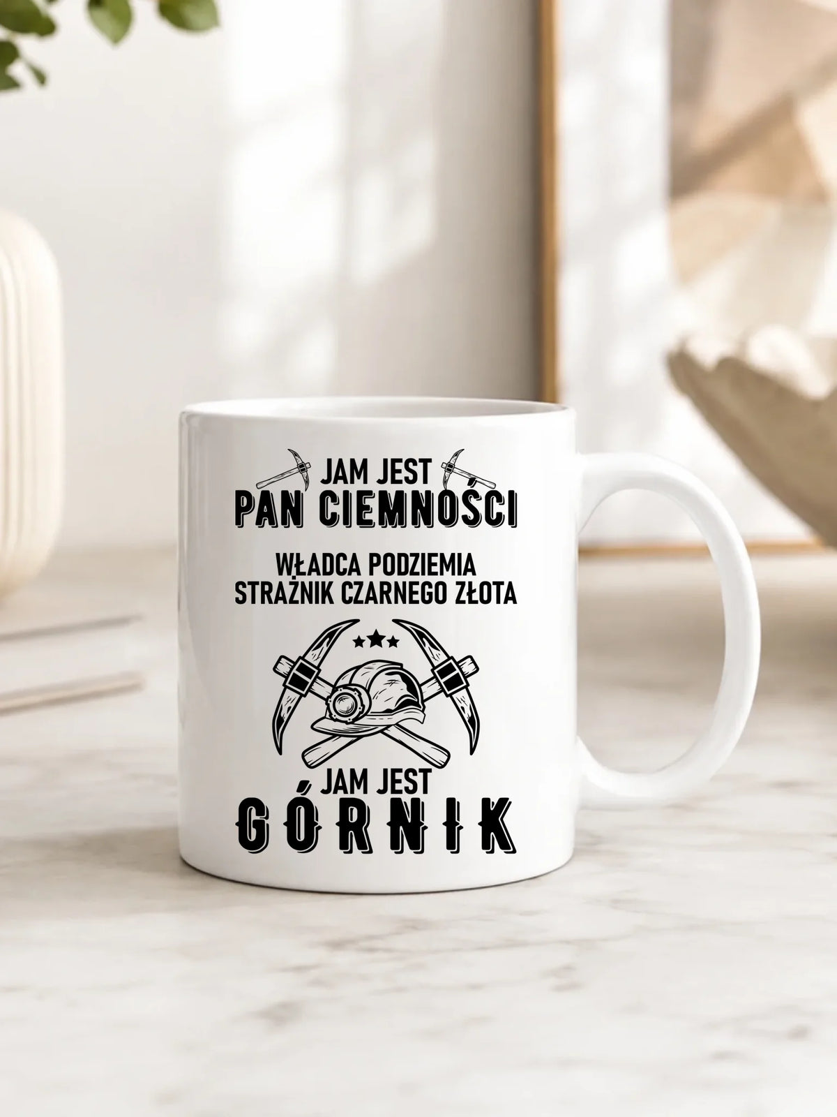 Prezent na Barbórkę biały kubek z nadrukiem - Pan Ciemności, Jam jest Górnik