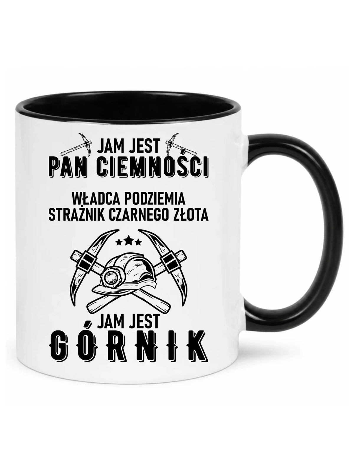 Biały z czarnym środkiem kubek dla górnika - Pan Ciemności, Jam jest Górnik