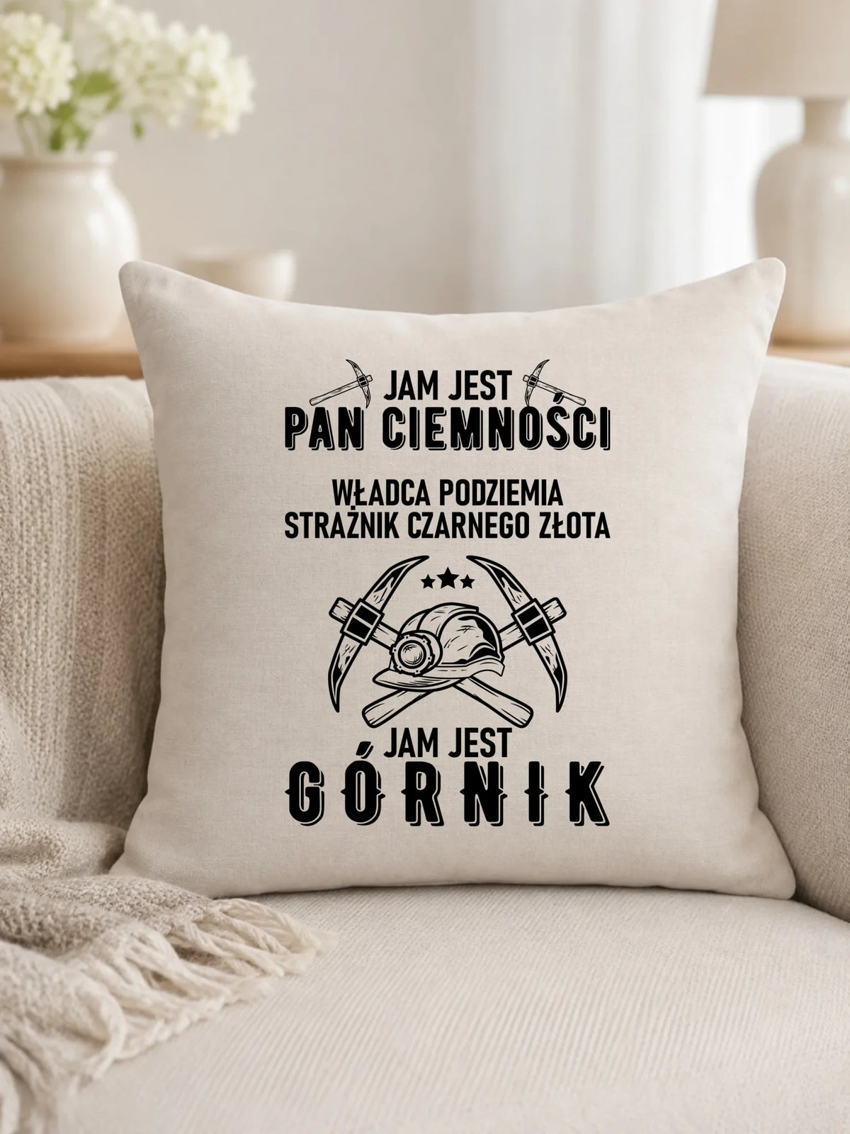 Śmieszny prezent na święta biała poduszka z nadrukiem - Pan Ciemności, Jam jest Górnik