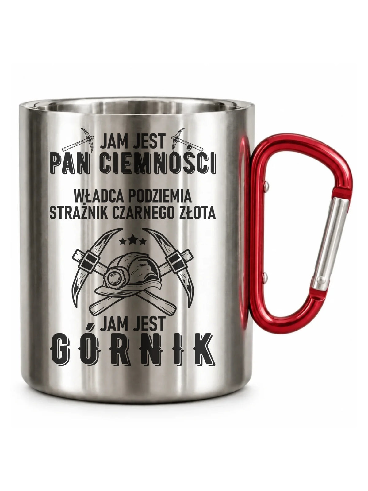 Srebrny z karabińczykiem kubek turystyczny dla górnika - Pan Ciemności, Jam jest Górnik