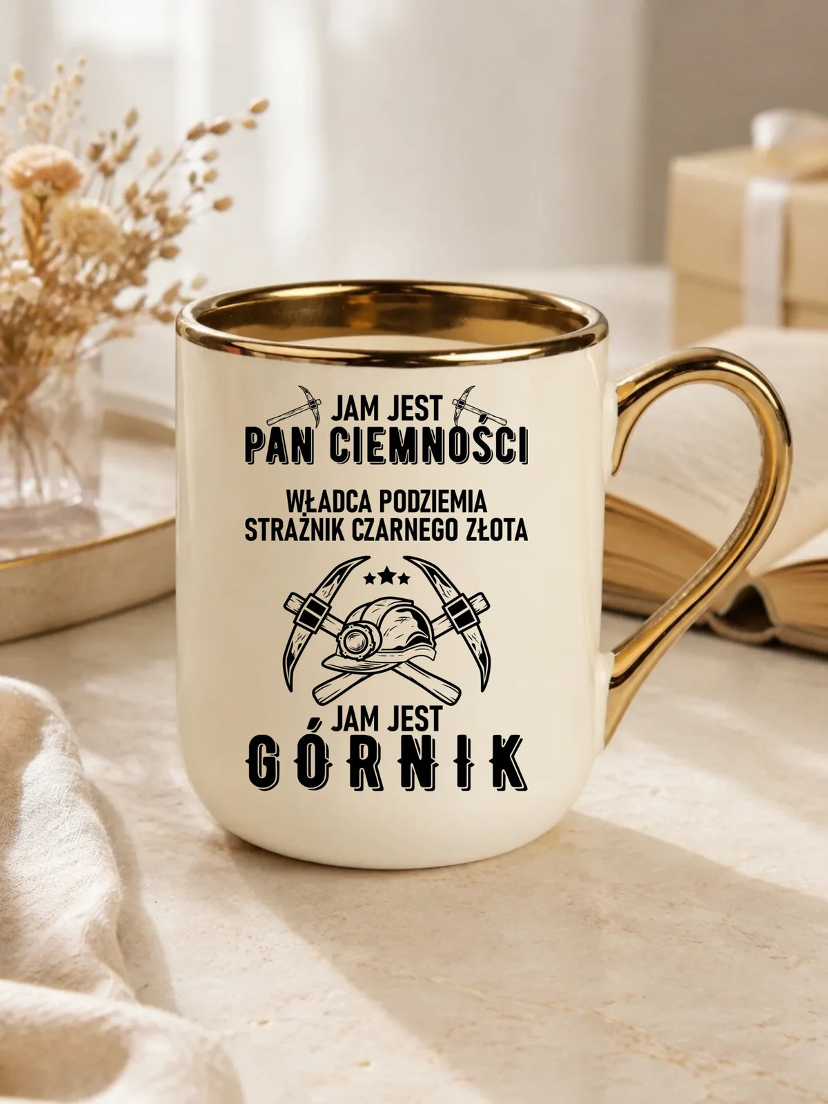 Zabawny prezent dla górnika biały kubek elegant z nadrukiem - Pan Ciemności, Jam jest Górnik