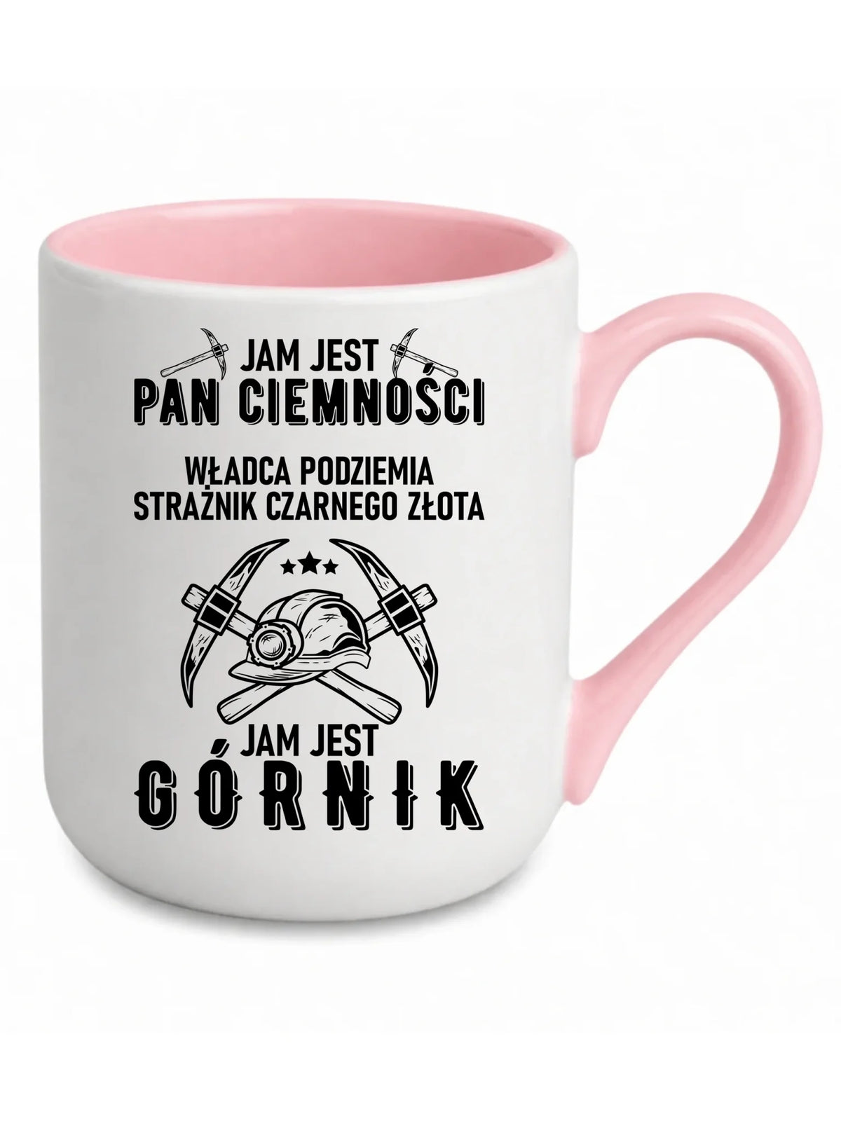 Biały z różowym środkiem kubek elegant dla górnika - Pan Ciemności, Jam jest Górnik