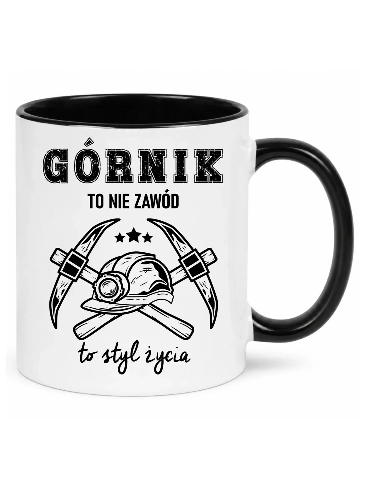 Biały z czarnym środkiem kubek dla górnika - Górnik to nie zawód, to styl życia