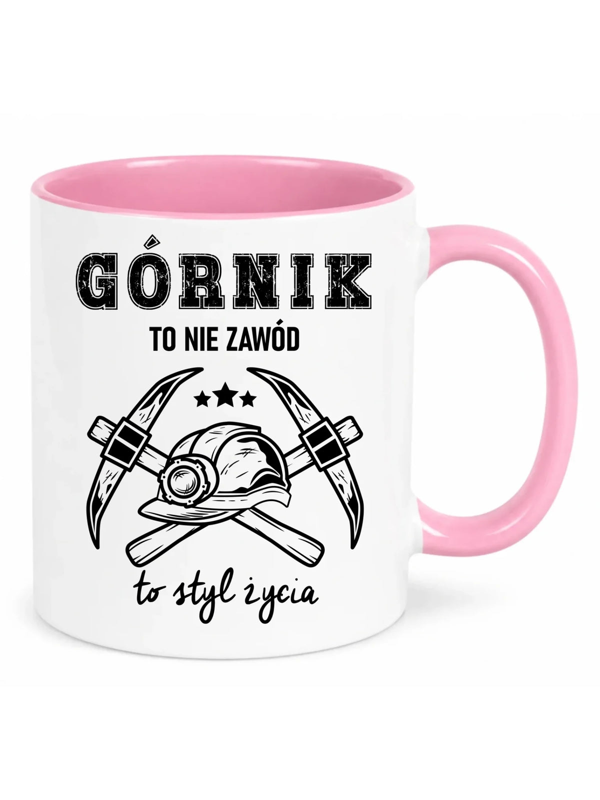 Biały z różowym środkiem kubek dla górnika - Górnik to nie zawód, to styl życia
