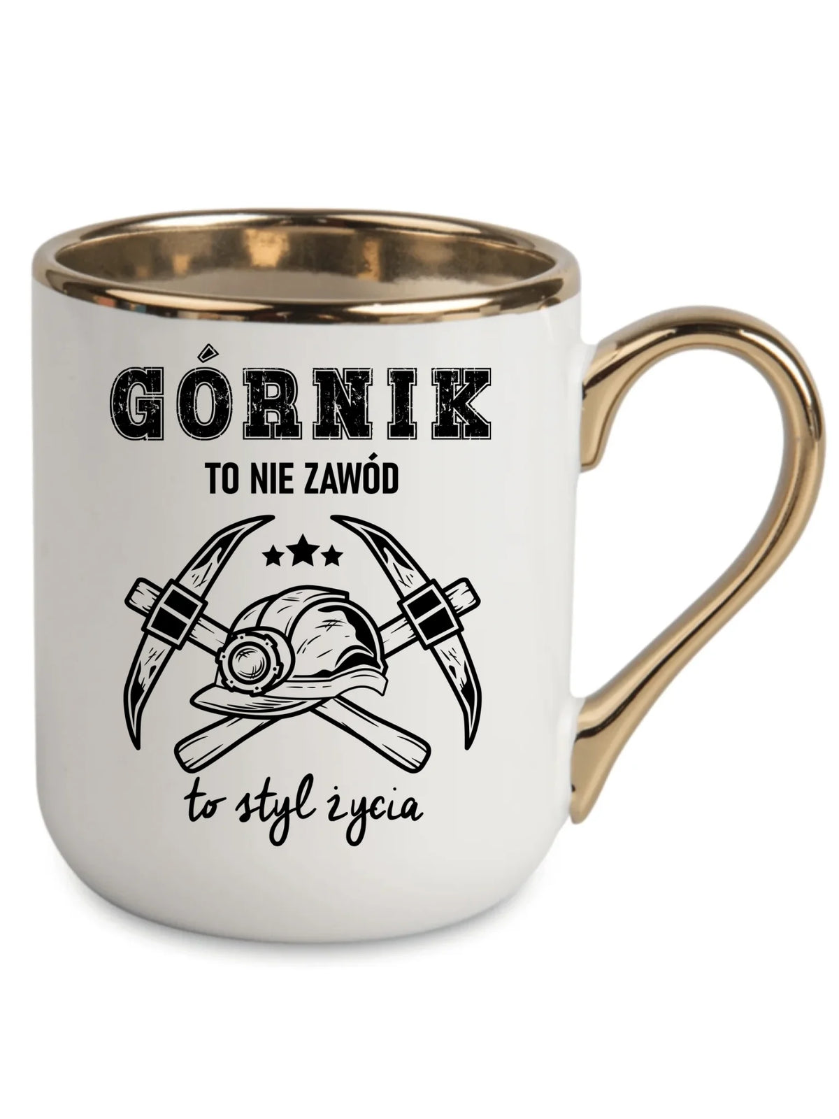 Biały ze złotym rantem i uchem kubek elegant dla górnika - Górnik to nie zawód, to styl życia