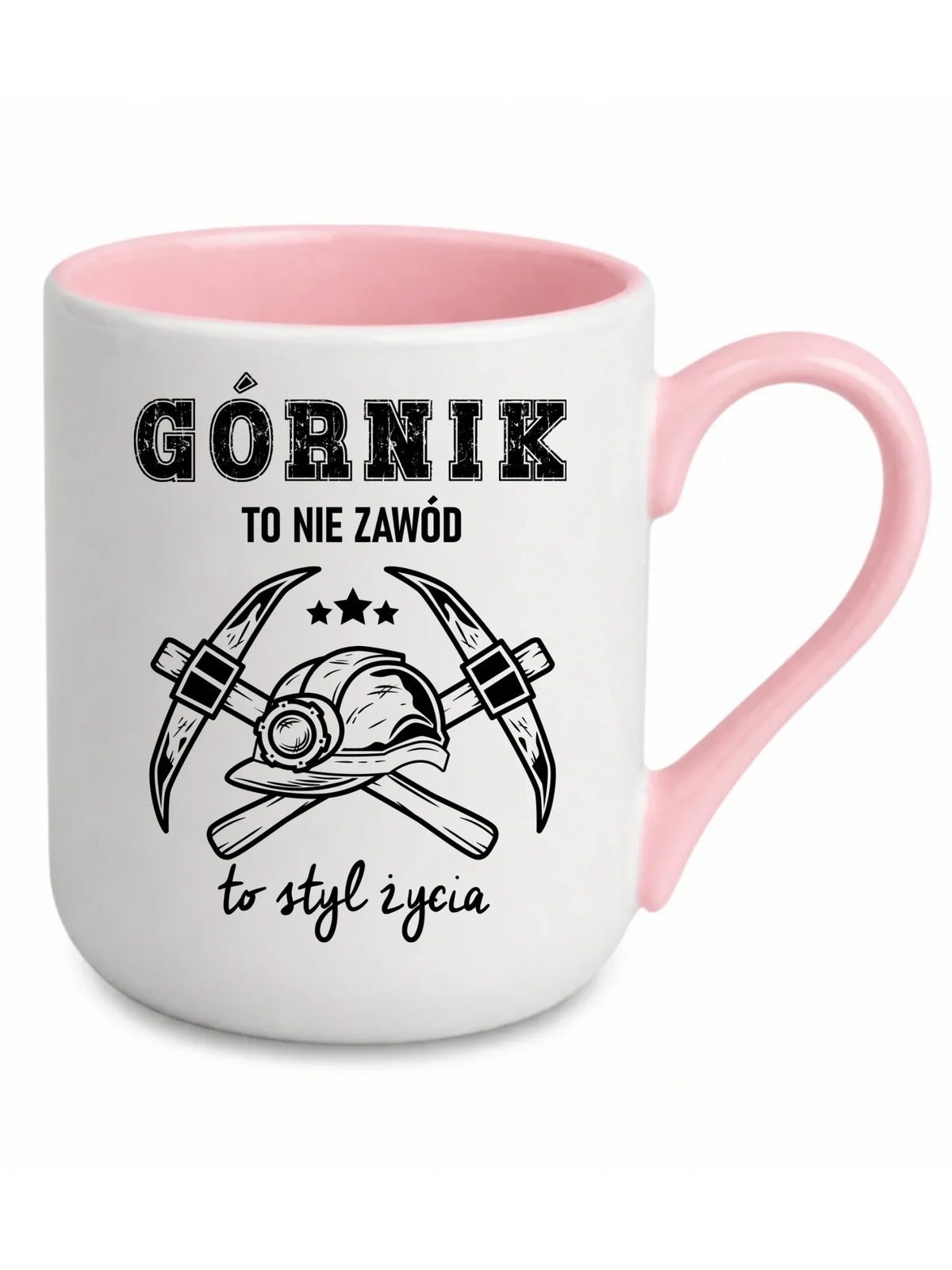 Biały z różowym środkiem kubek elegant dla górnika - Górnik to nie zawód, to styl życia