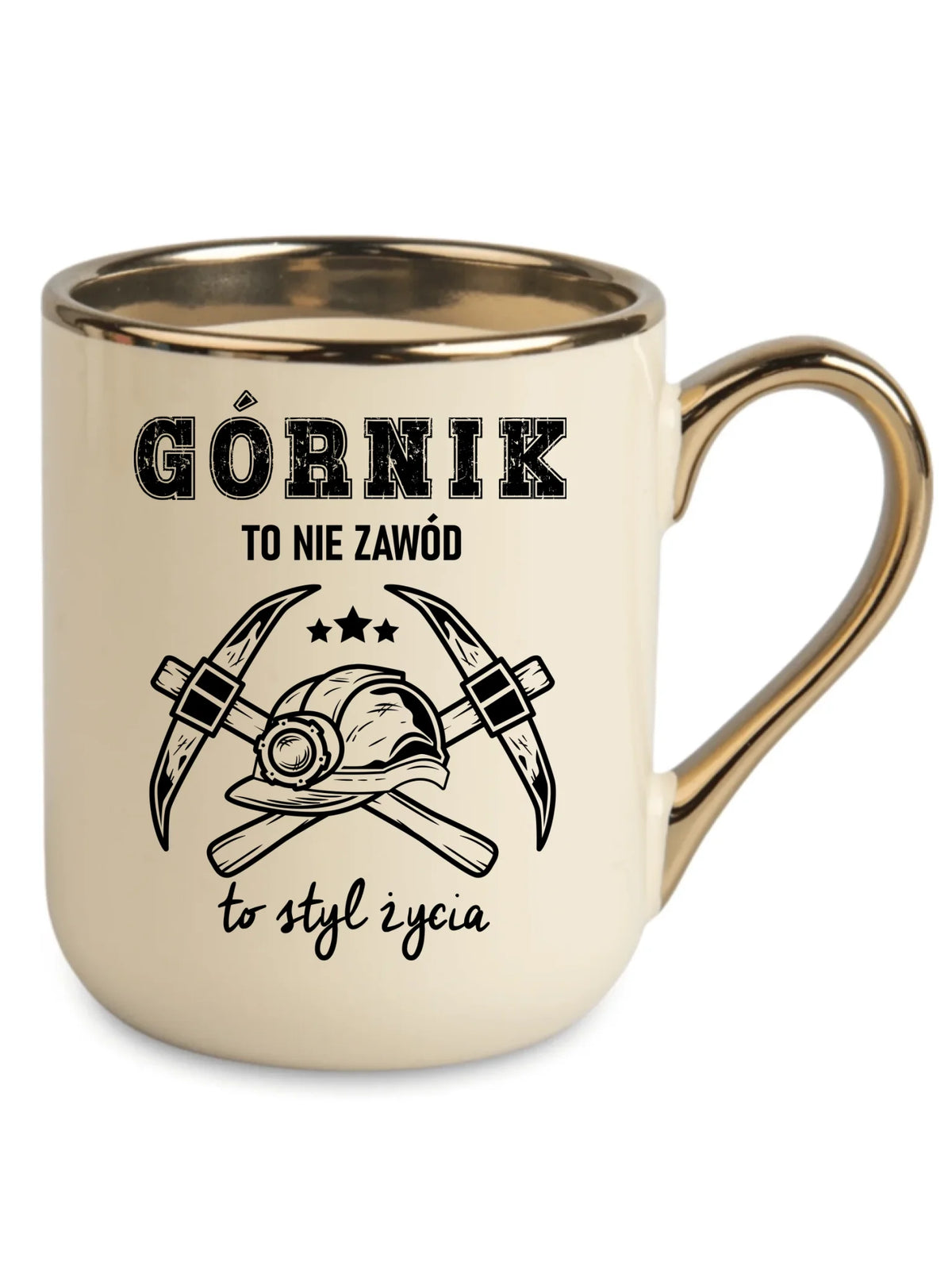 Kremowy ze złotym rantem i uchem kubek elegant dla górnika - Górnik to nie zawód, to styl życia