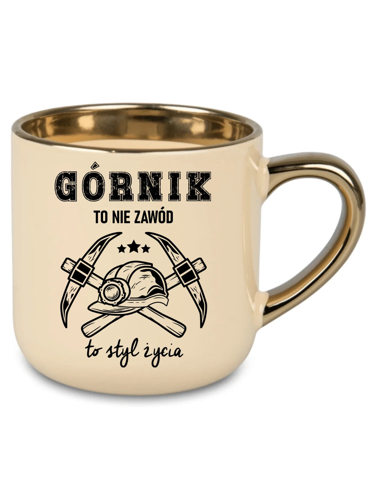 Kremowy kubek ze złotym rantem dla górnika - Górnik to nie zawód, to styl życia