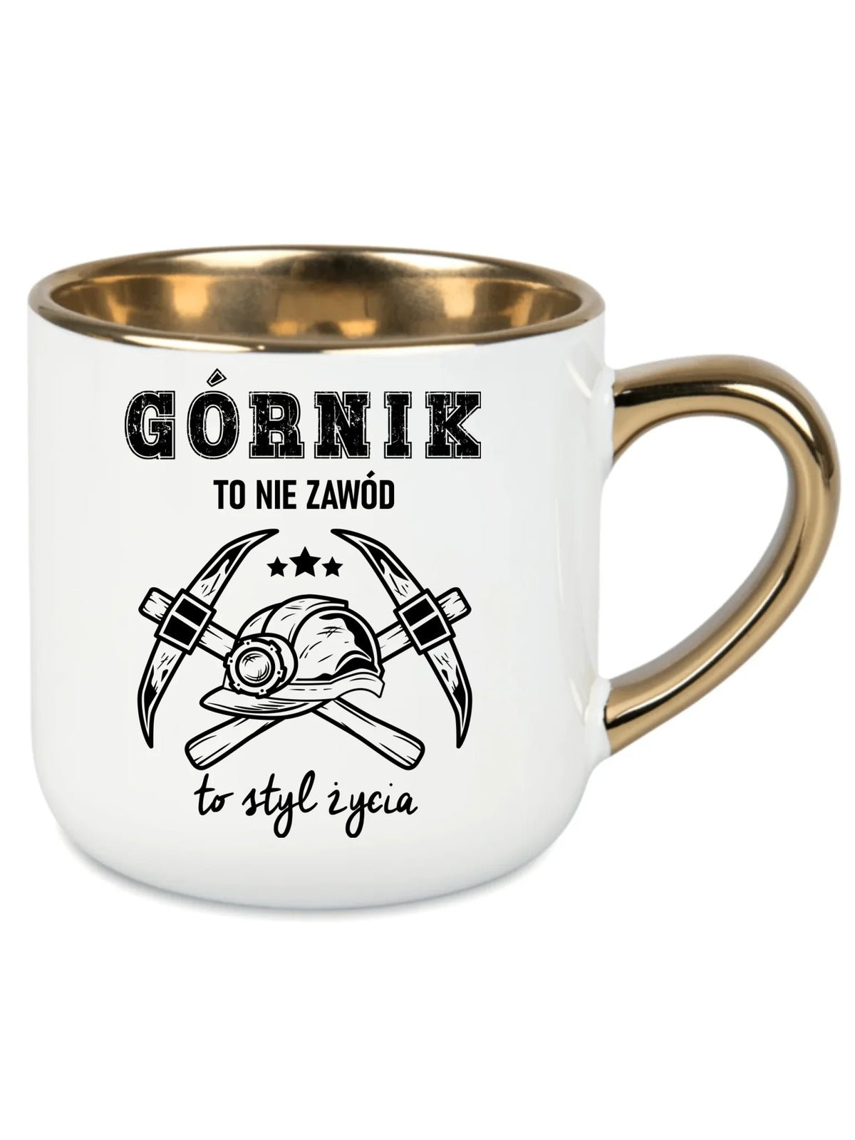 Biały kubek ze złotym rantem dla górnika - Górnik to nie zawód, to styl życia