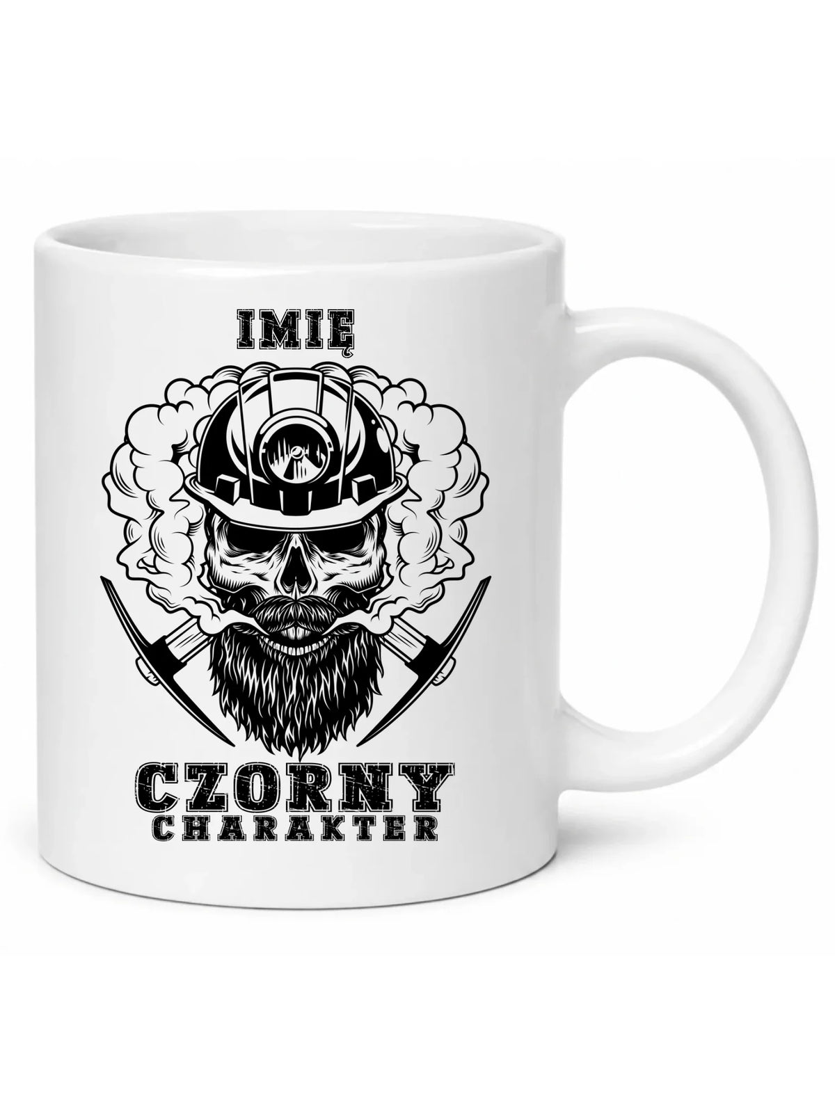 Biały kubek z imieniem dla górnika - Czorny charakter