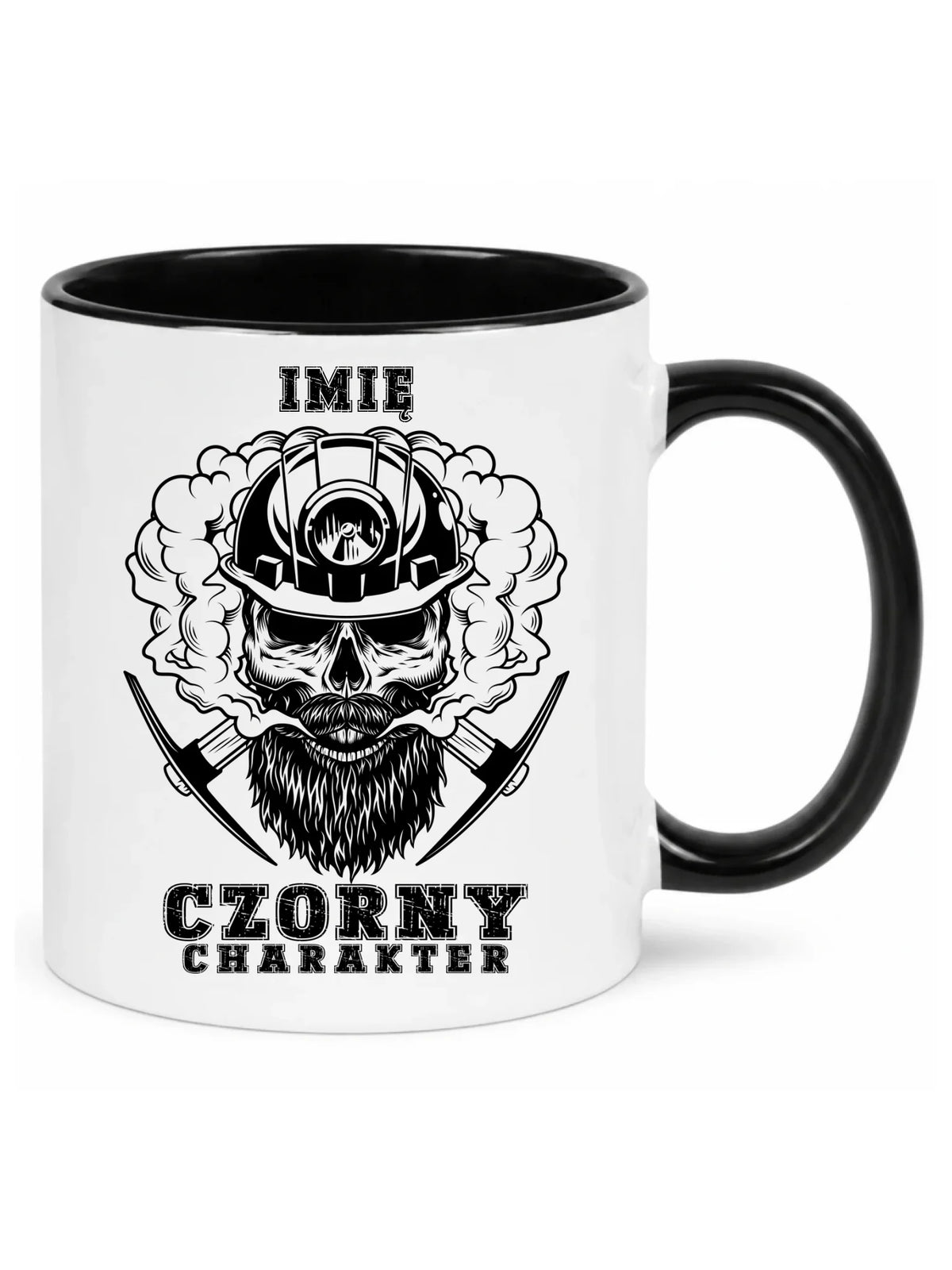 Biały z czarnym środkiem kubek z imieniem dla górnika - Czorny charakter