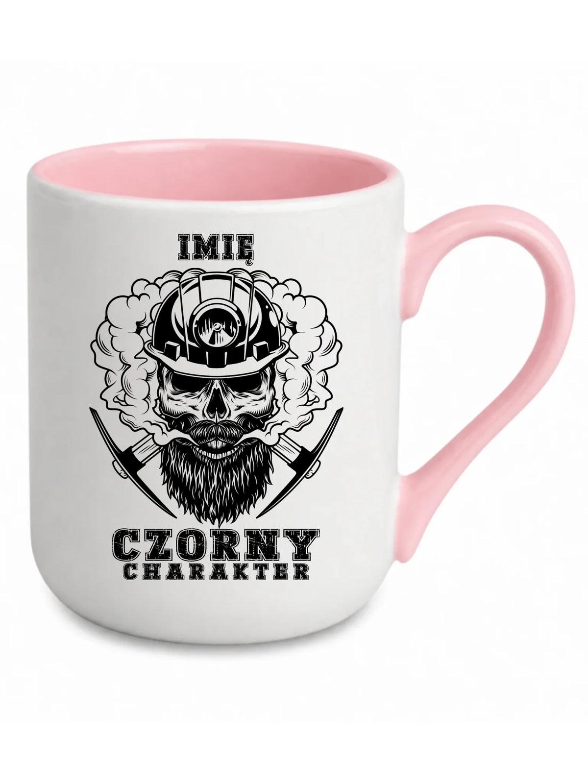 Biały z różowym środkiem kubek elegant z imieniem dla górnika - Czorny charakter