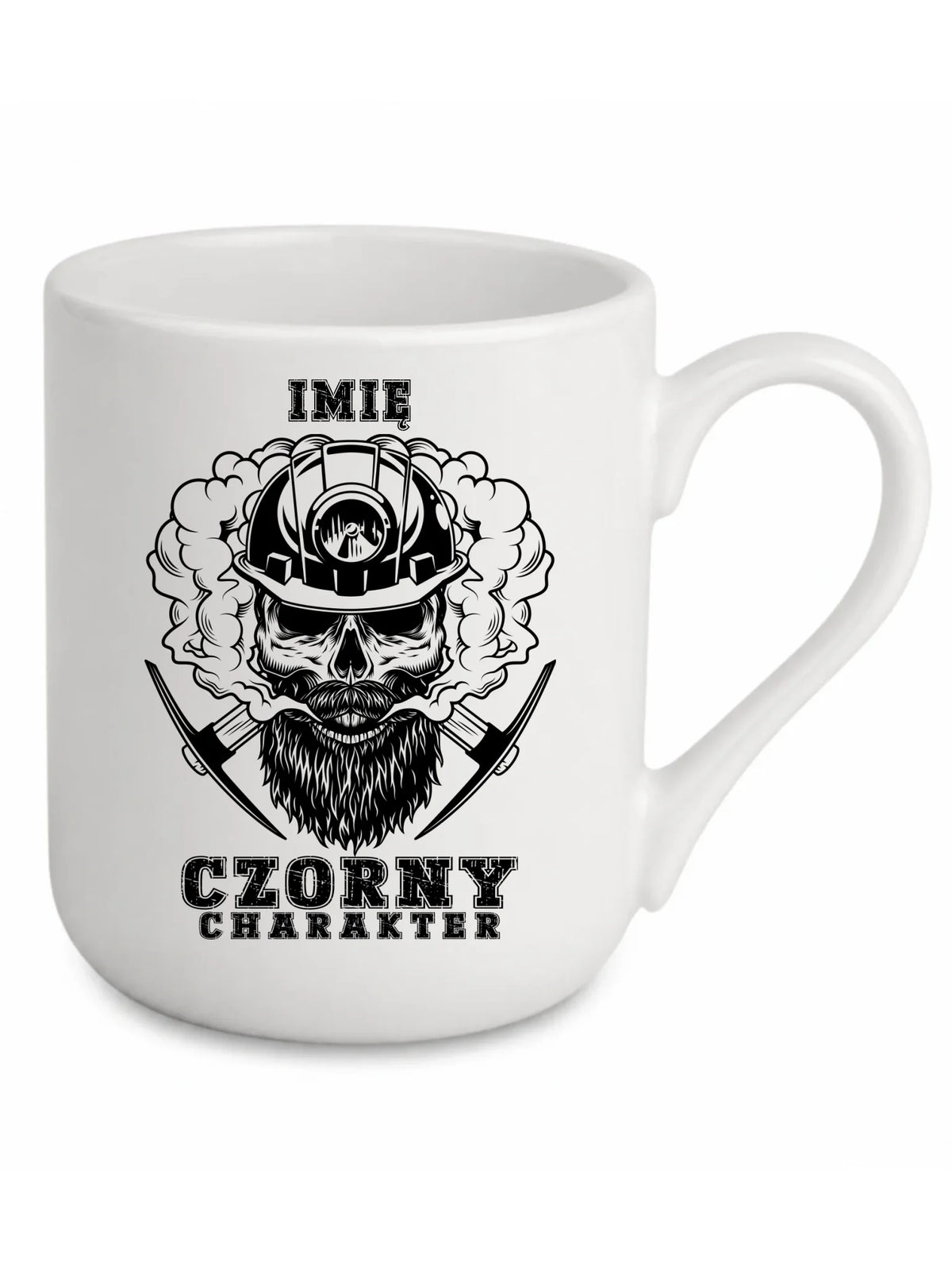 Biały kubek elegant z imieniem dla górnika - Czorny charakter