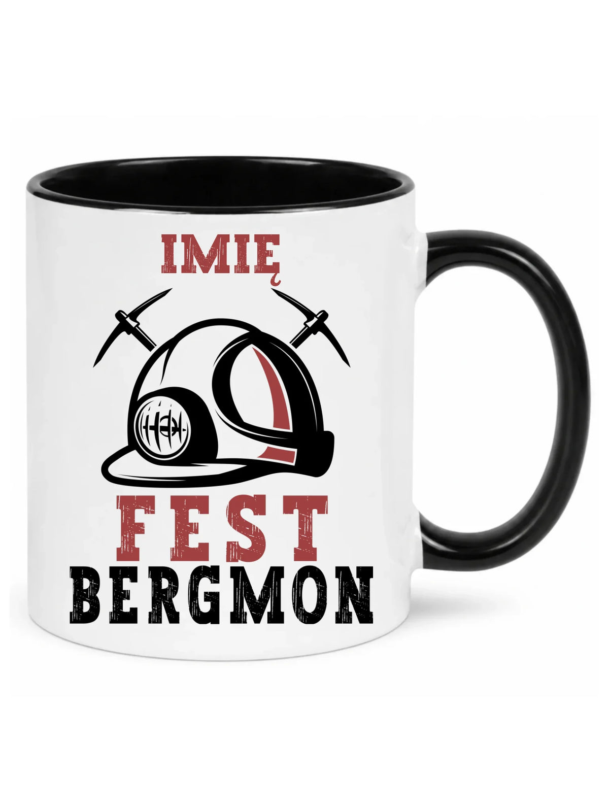 Biały z czarnym środkiem kubek z imieniem dla górnika - Fest Bergmon