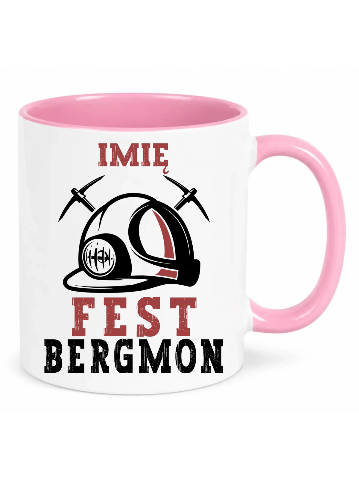 Biały z różowym środkiem kubek z imieniem dla górnika - Fest Bergmon