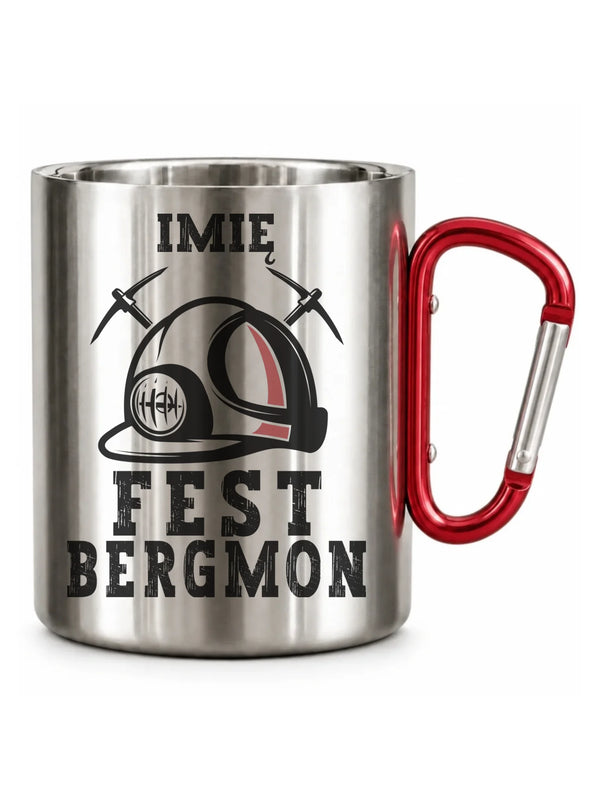 Srebrny z karabińczykiem kubek turystyczny z imieniem dla górnika - Fest Bergmon
