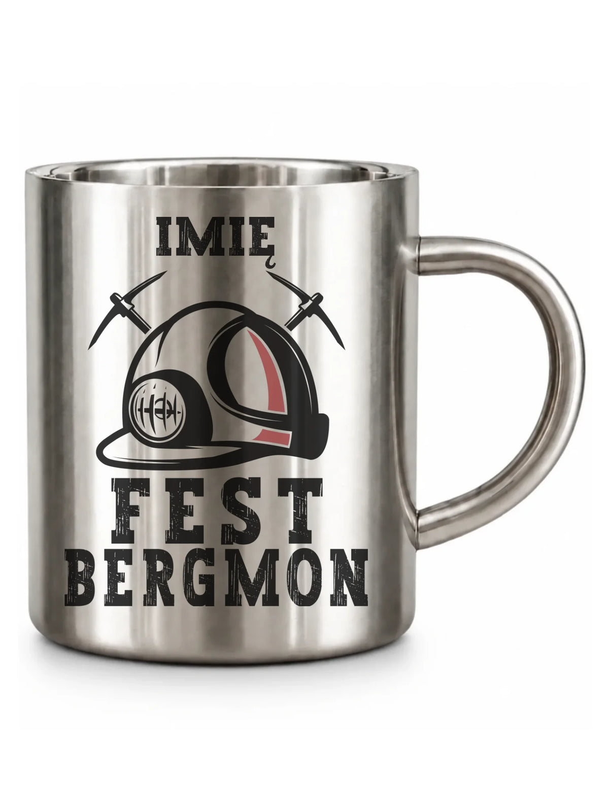 Srebrny metalowy kubek turystyczny z imieniem dla górnika - Fest Bergmon