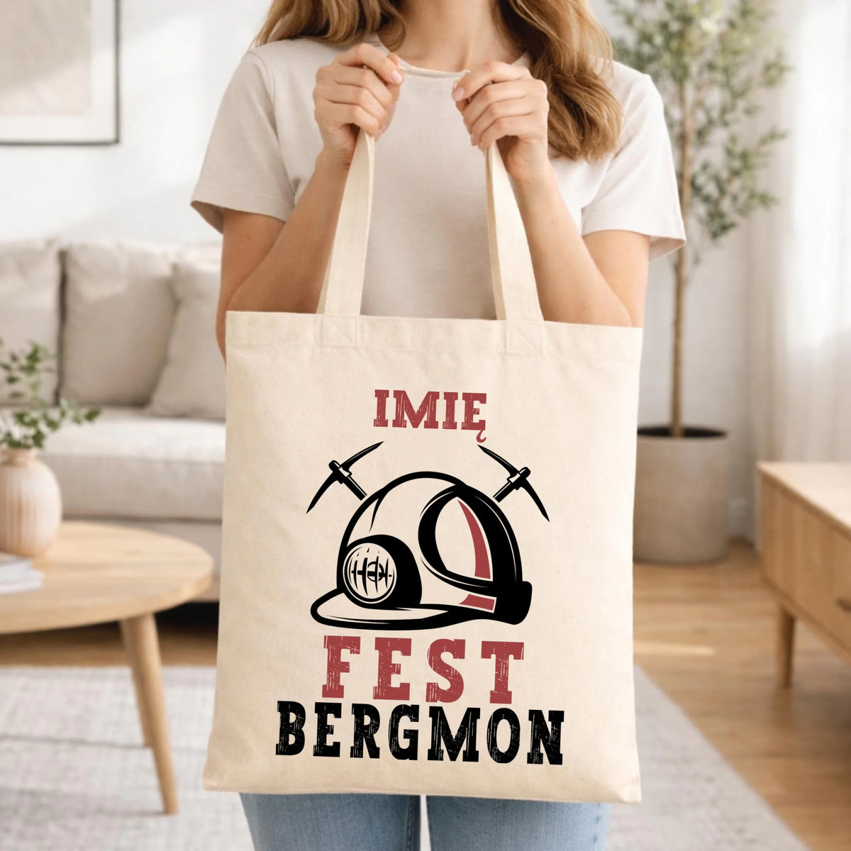 Prezent na święta dla górnika naturalna torba z imieniem i nadrukiem - Fest Bergmon