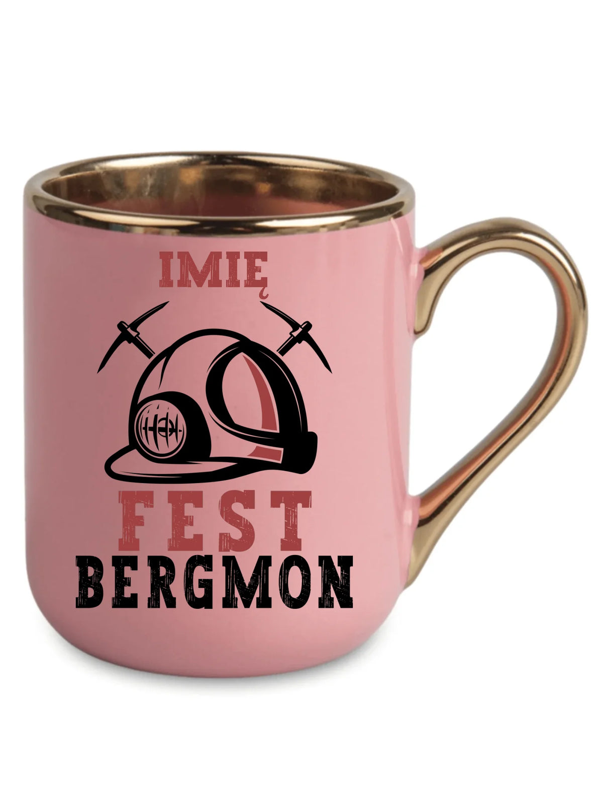 Różowy ze złotym rantem i uchem kubek elegant z imieniem dla górnika - Fest Bergmon