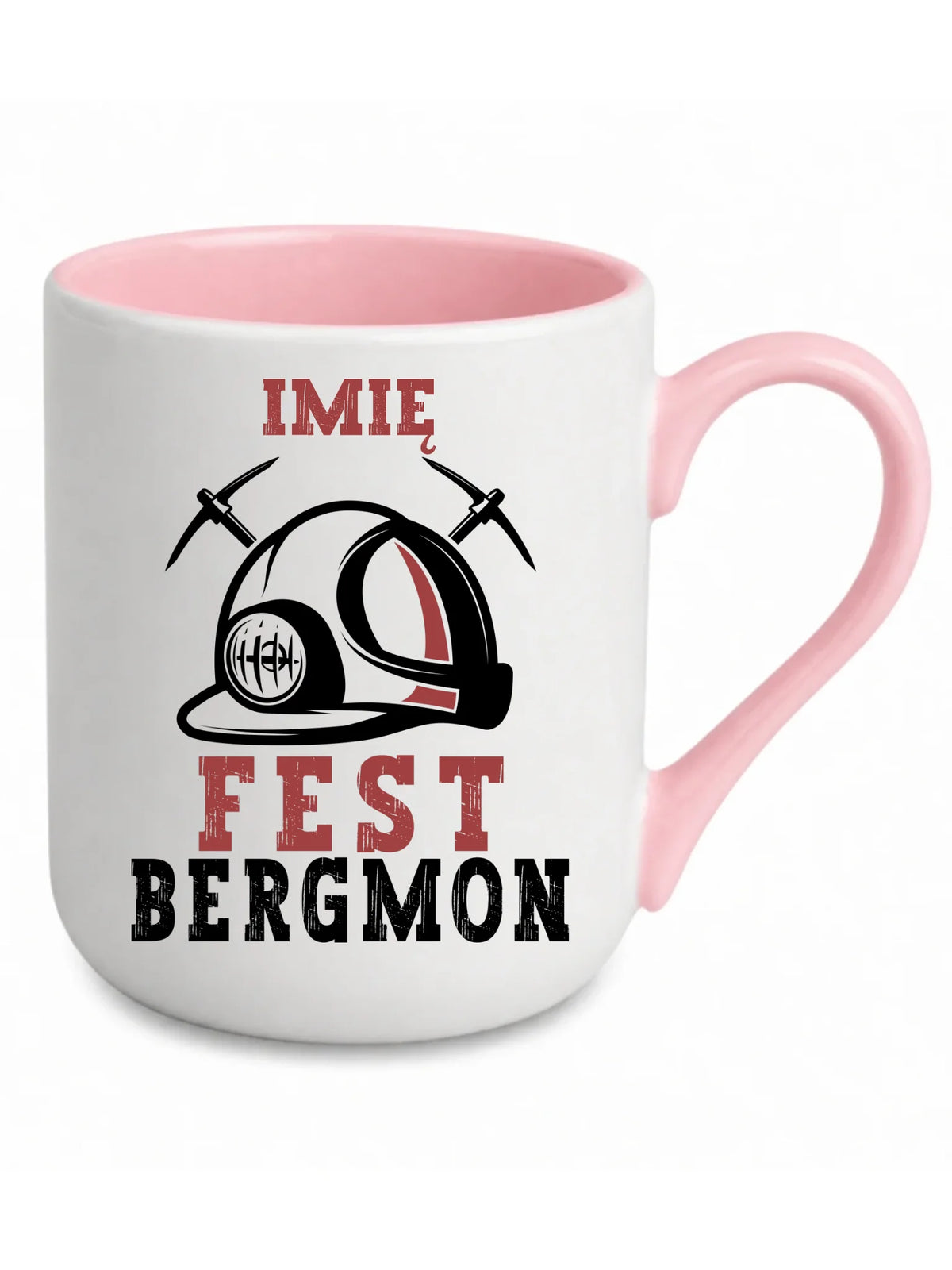 Biały z różowym środkiem kubek elegant z imieniem dla górnika - Fest Bergmon