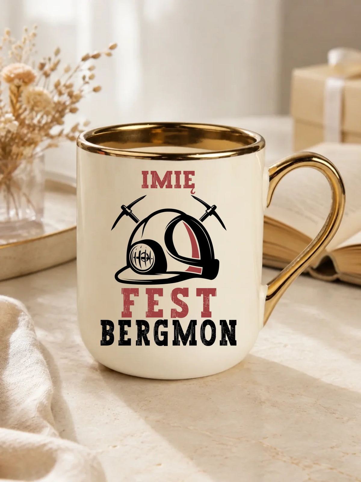 Prezent na Dzień Górnika biały kubek elegant z imieniem i nadrukiem - Fest Bergmon