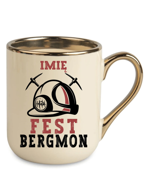 Kremowy ze złotym rantem i uchem kubek elegant z imieniem dla górnika - Fest Bergmon