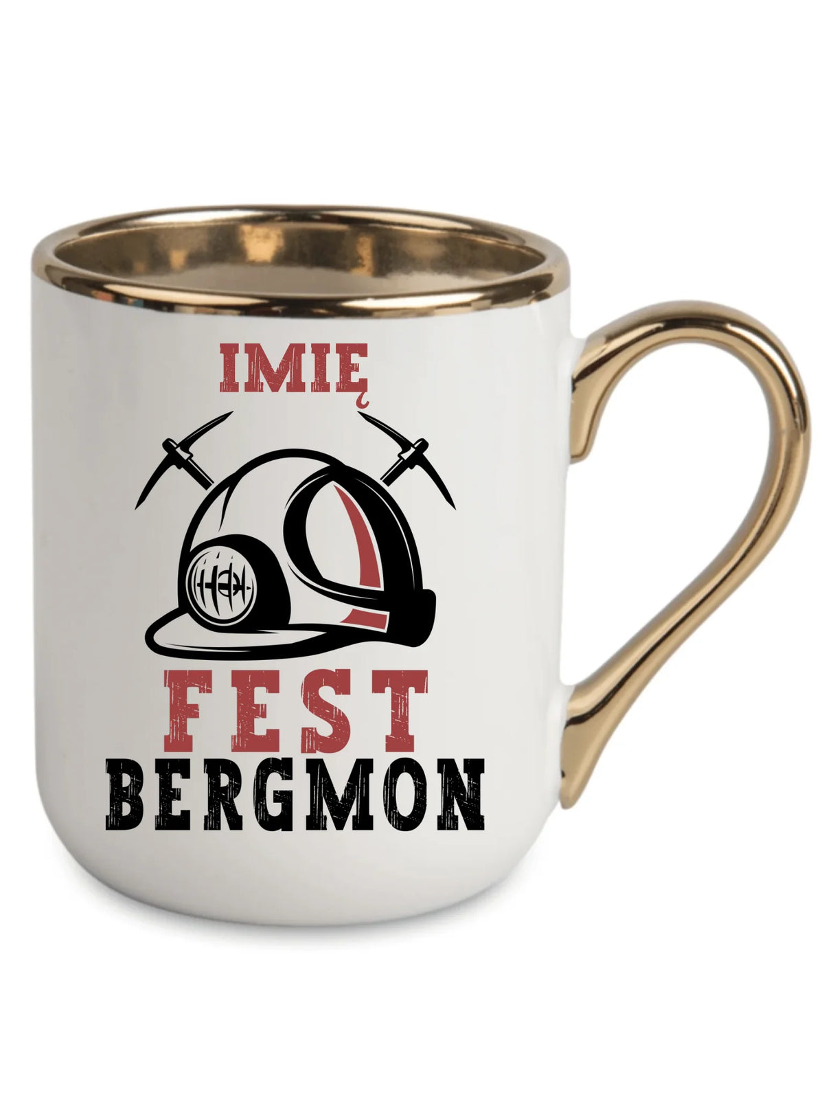 Biały ze złotym rantem i uchem kubek elegant z imieniem dla górnika - Fest Bergmon