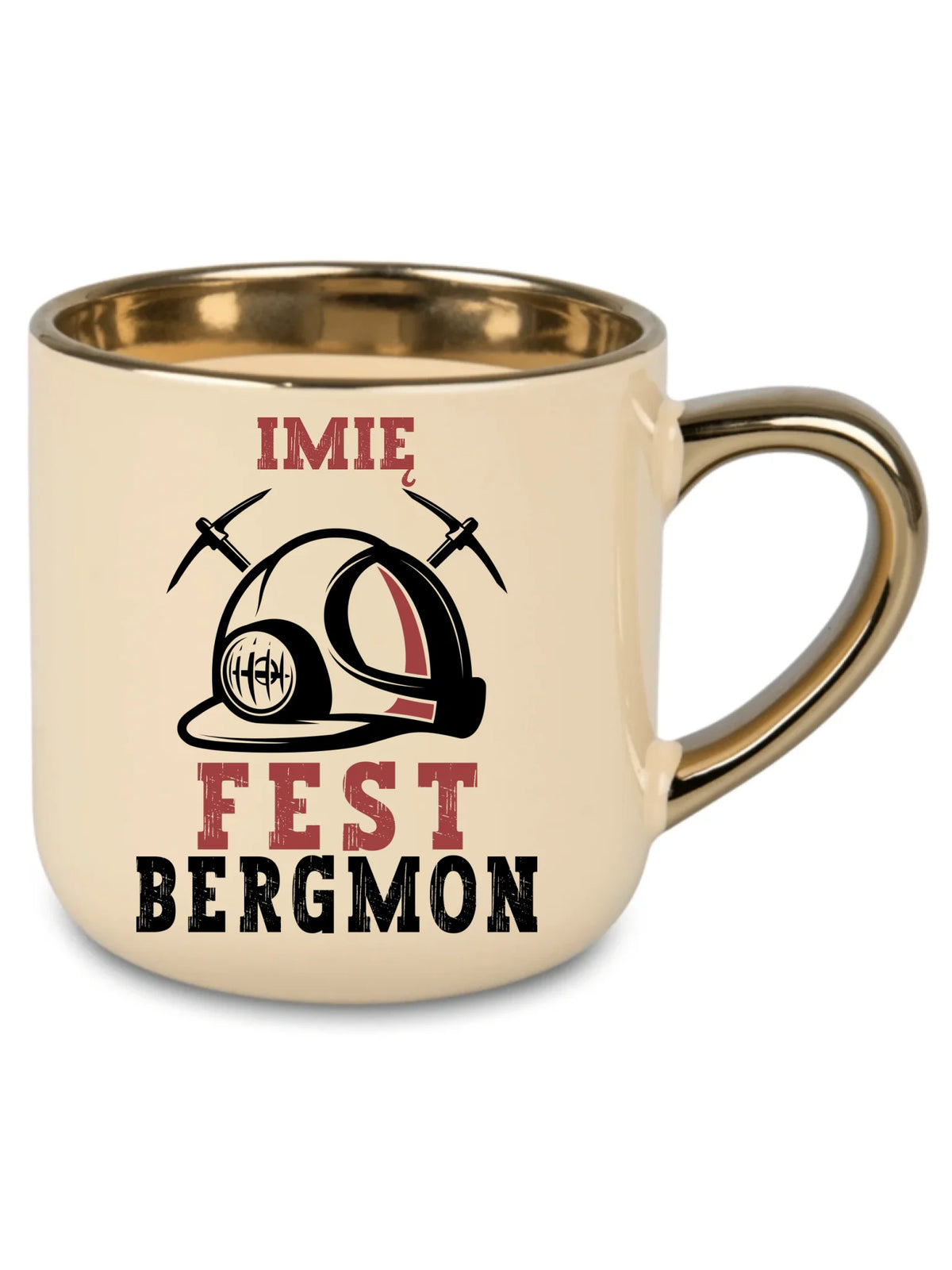Kremowy kubek ze złotym rantem z imieniem dla górnika - Fest Bergmon