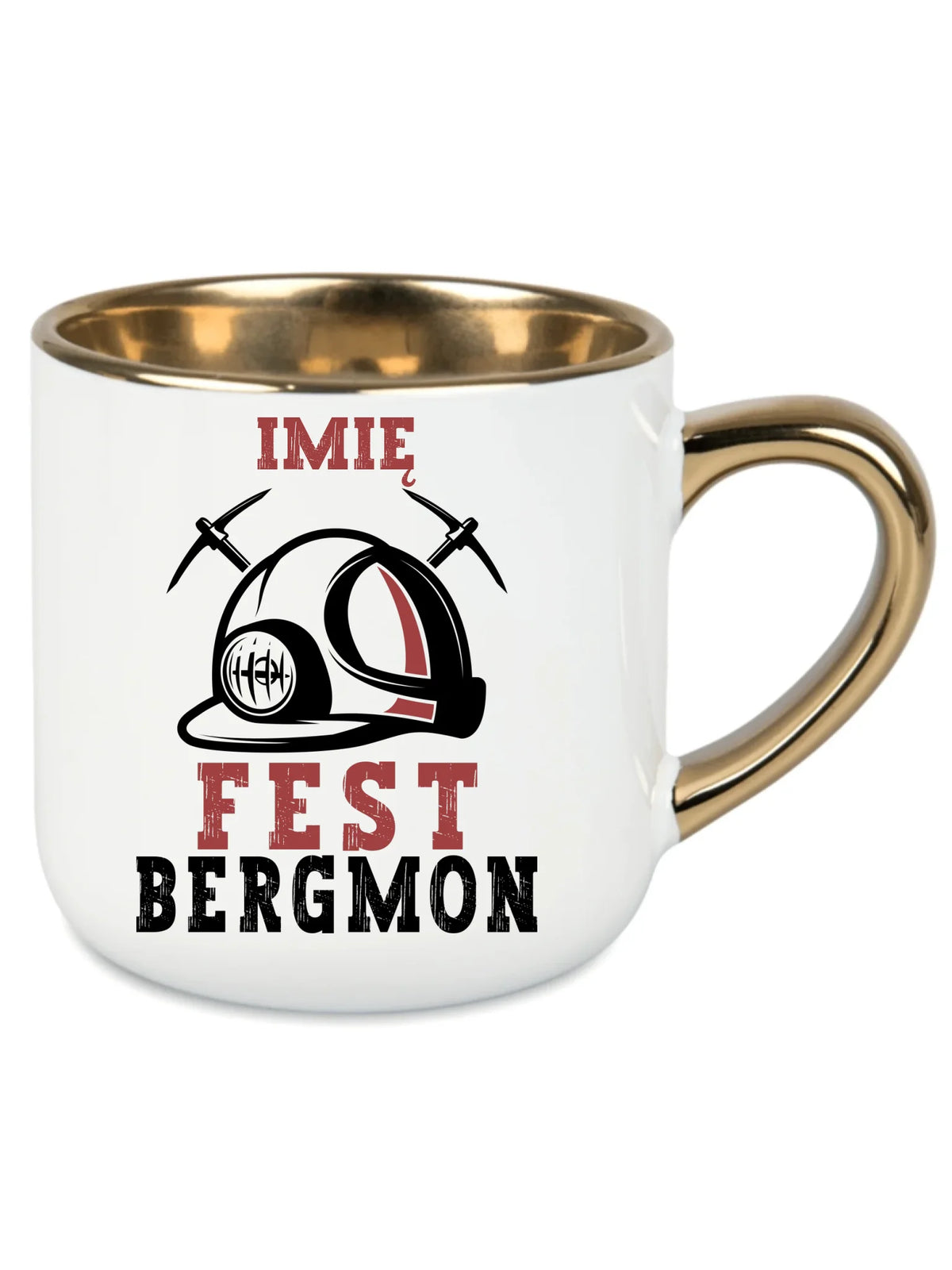 Biały kubek ze złotym rantem z imieniem dla górnika - Fest Bergmon