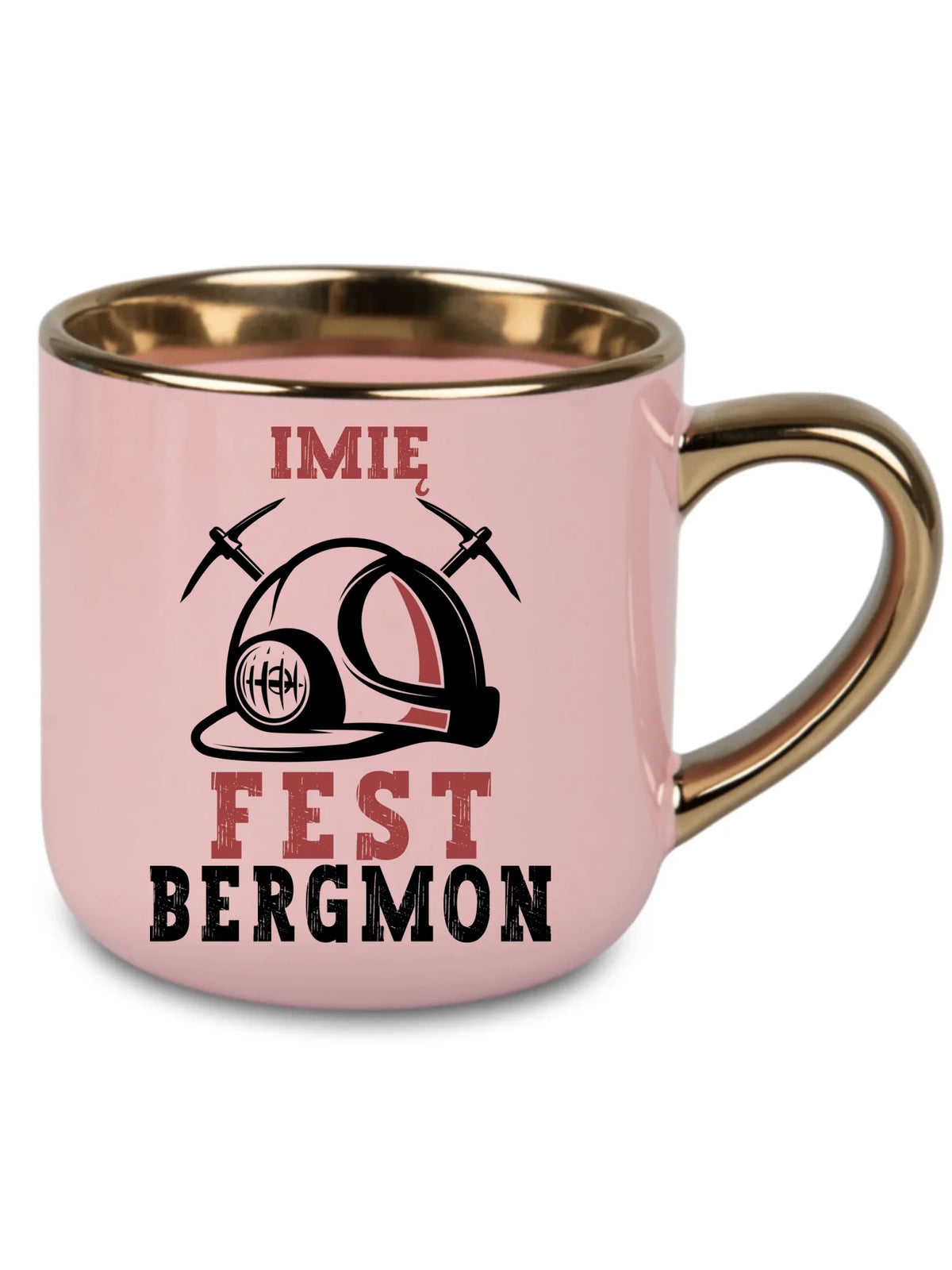 Różowy kubek ze złotym rantem z imieniem dla górnika - Fest Bergmon