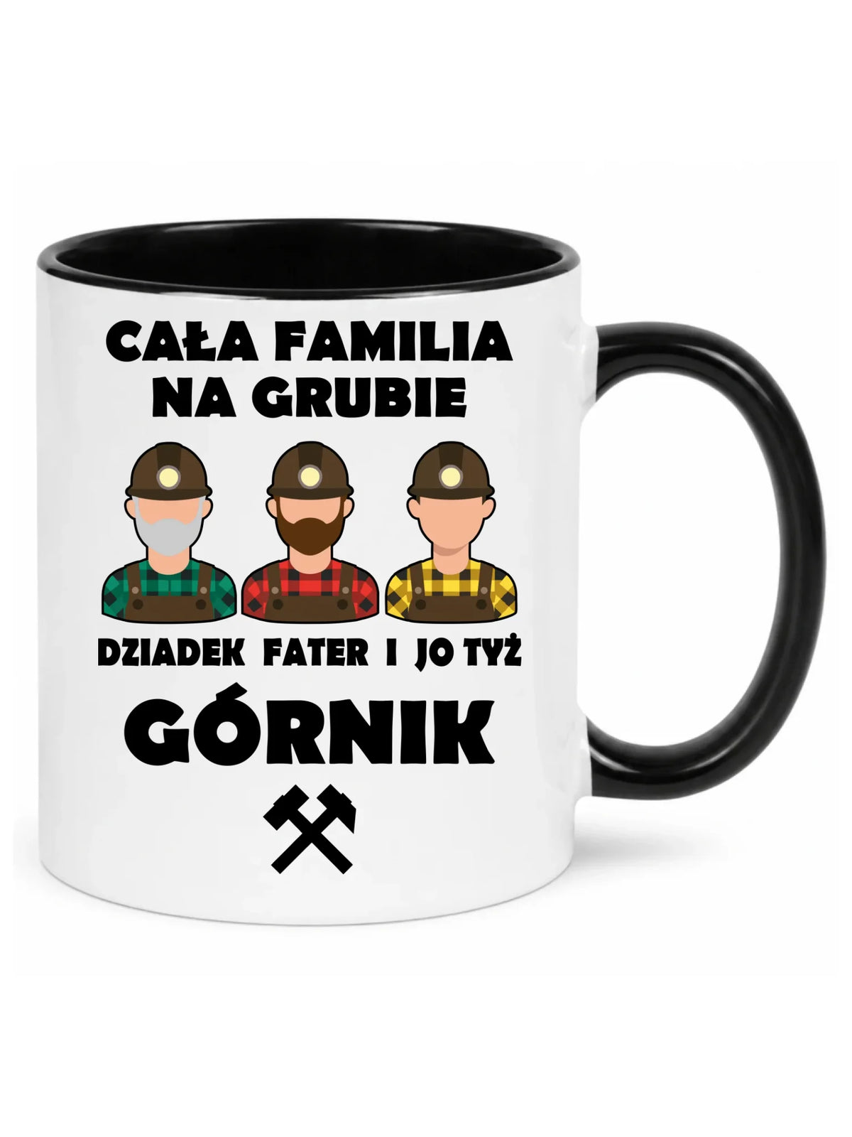 Biały z czarnym środkiem kubek dla górnika - Cała familia na grubie
