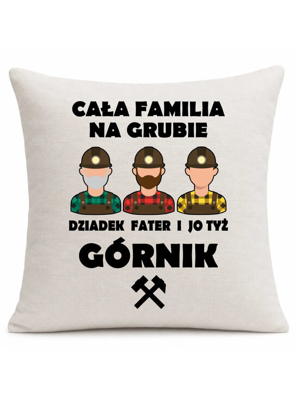Kremowa poduszka lniana dla górnika - Cała familia na grubie