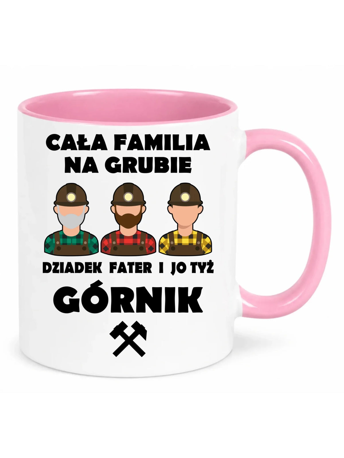 Biały z różowym środkiem kubek dla górnika - Cała familia na grubie