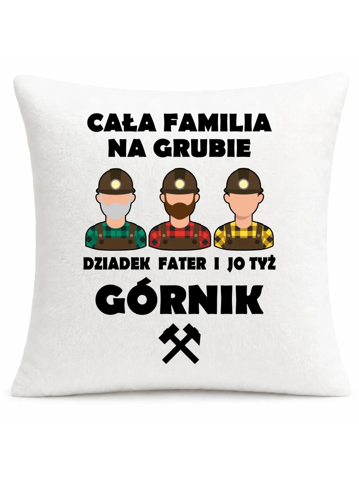 Biała poduszka pluszowa dla górnika - Cała familia na grubie