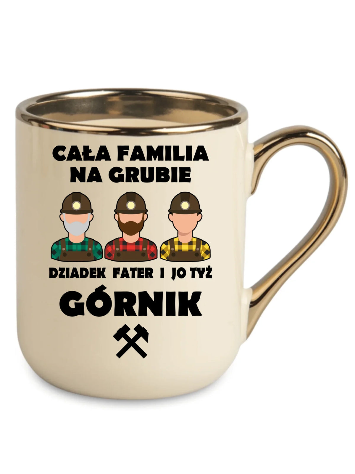 Kremowy ze złotym rantem i uchem kubek elegant dla górnika - Cała familia na grubie