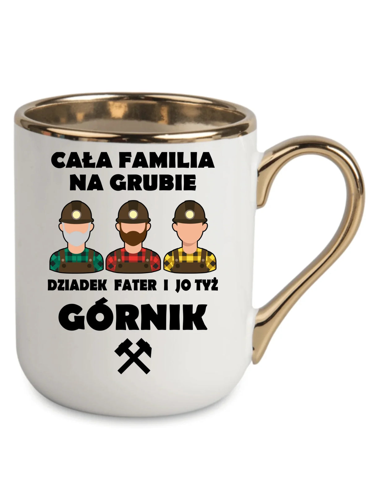 Biały ze złotym rantem i uchem kubek elegant dla górnika - Cała familia na grubie