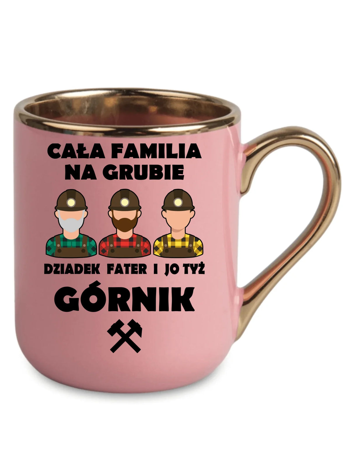 Różowy ze złotym rantem i uchem kubek elegant dla górnika - Cała familia na grubie