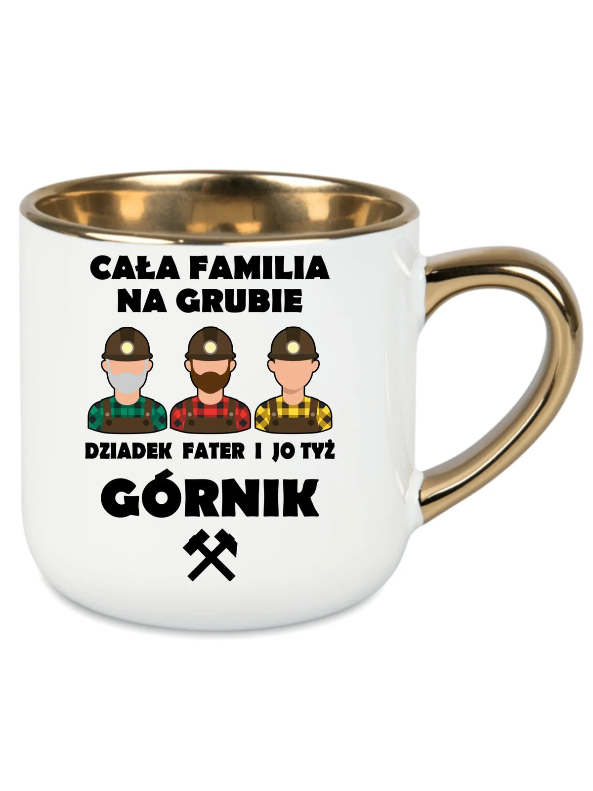 Biały kubek ze złotym rantem dla górnika - Cała familia na grubie