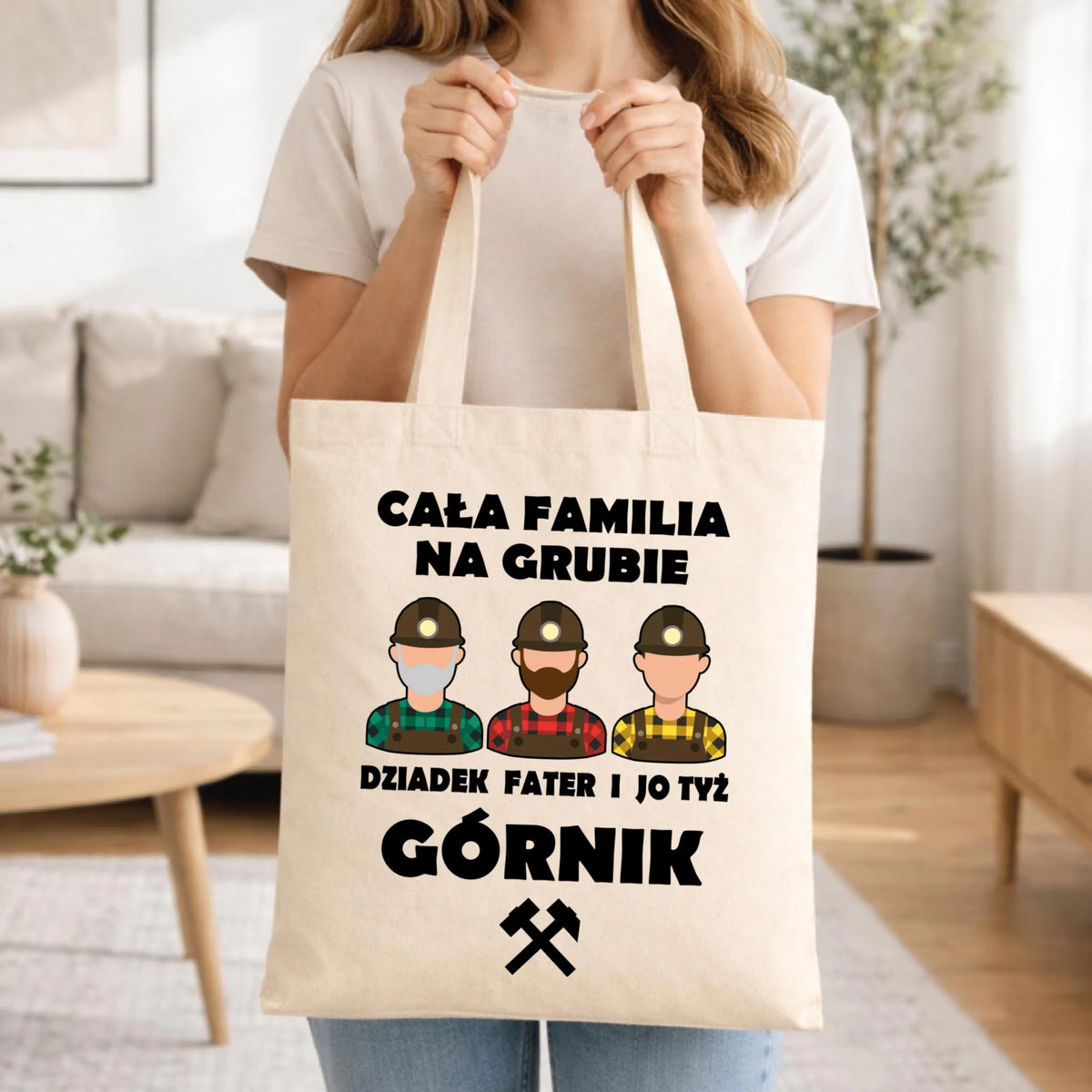 Prezent na święta dla górnika naturalna torba z nadrukiem - Cała familia na grubie