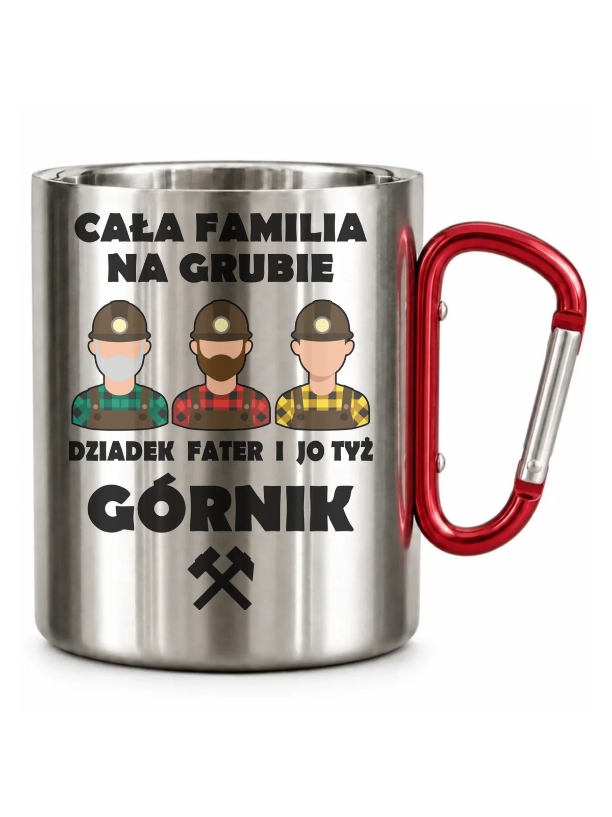 Srebrny z karabińczykiem kubek turystyczny dla górnika - Cała familia na grubie