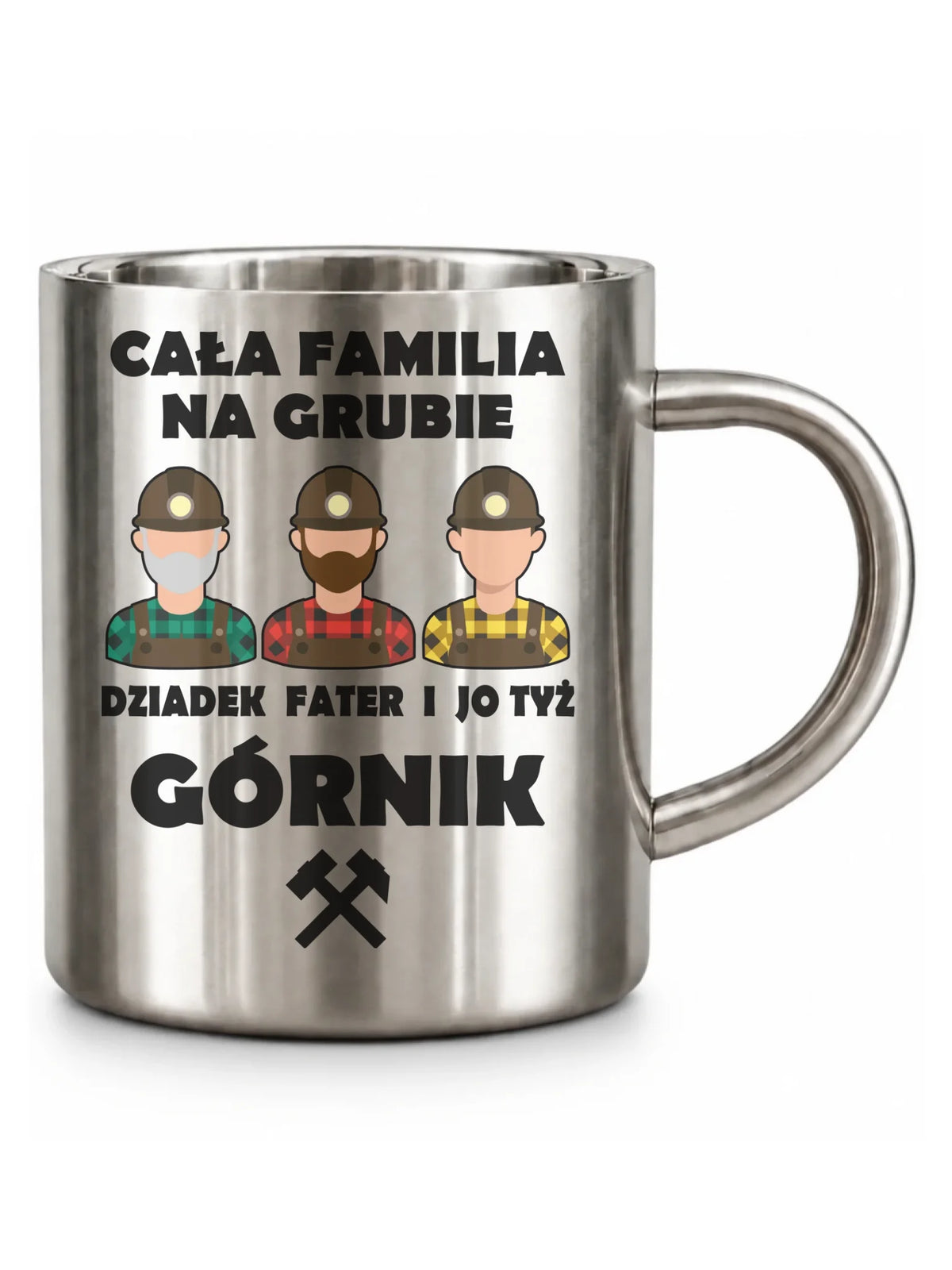 Srebrny metalowy kubek turystyczny dla górnika - Cała familia na grubie
